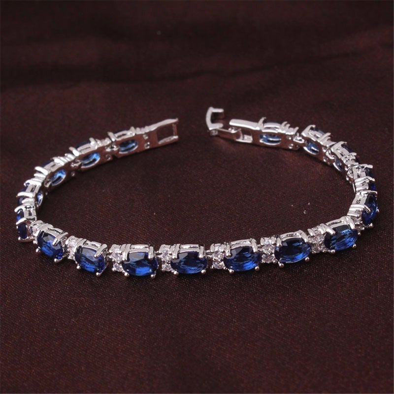 GULICX White Gold Electroplated Cubic Zirconia Blue Crystal Roman Tennis Bracelet Sapphire Color Link Chain - Image 4